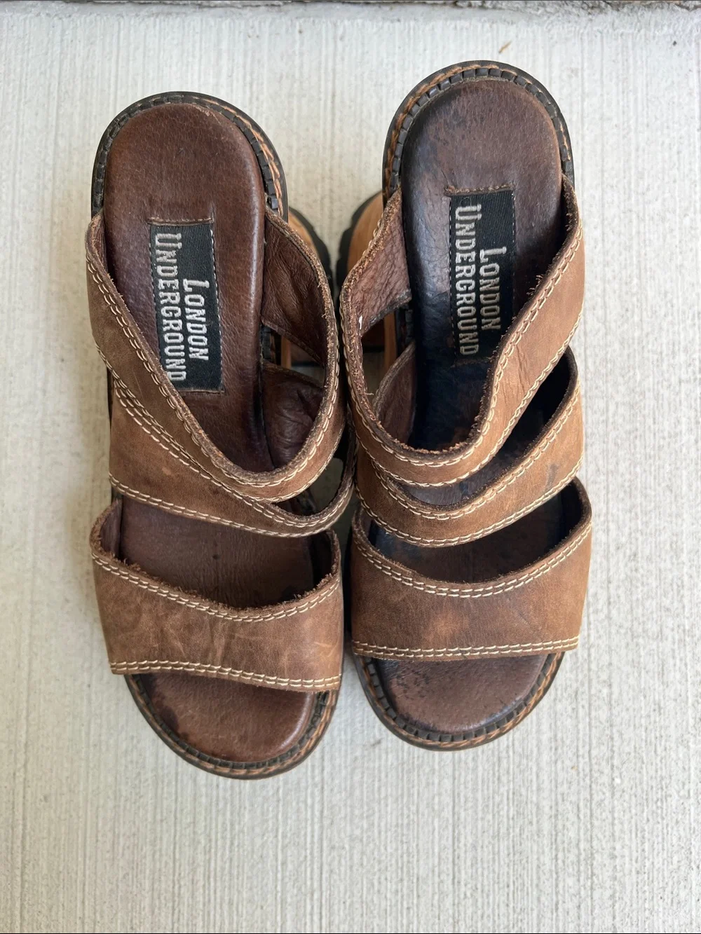 London Underground Y2K Vintage Brown Leather Strappy platform Wooden Sandals - Picture 3 of 13